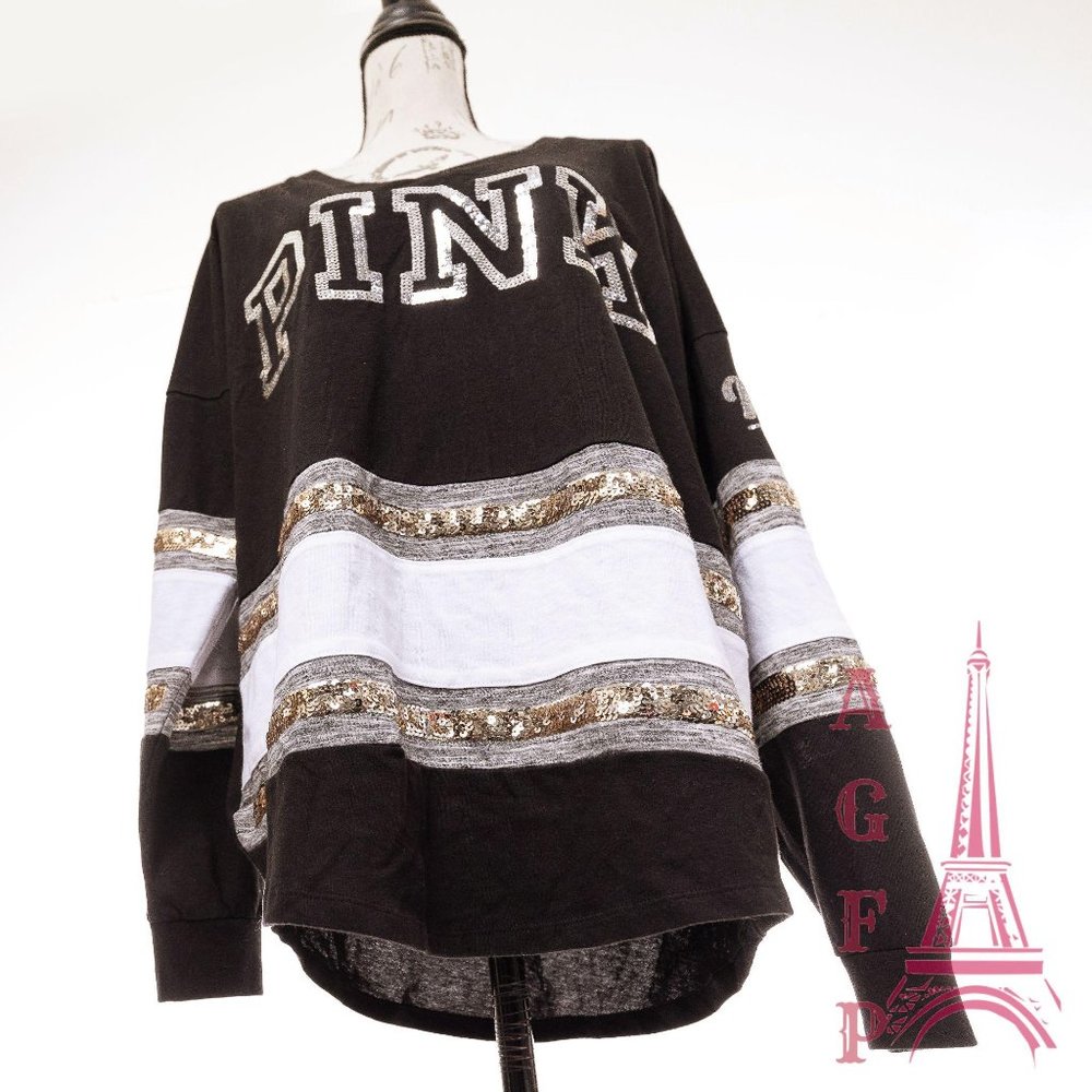 PINK VS bling Logo sequin Varsity black V neck Top - Picture 7 of 10